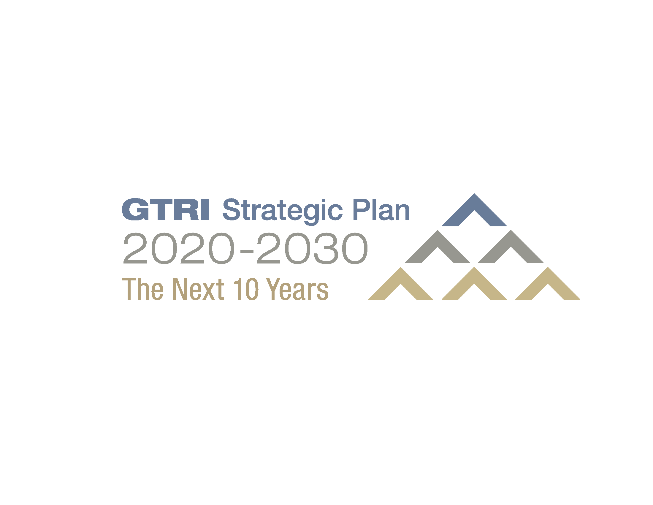 Text saying "GTRI Strategic Plan 2020-2030 The Next 10 Year" accompanied by six arrows making a mountain shape. (Credit Mel Goux)