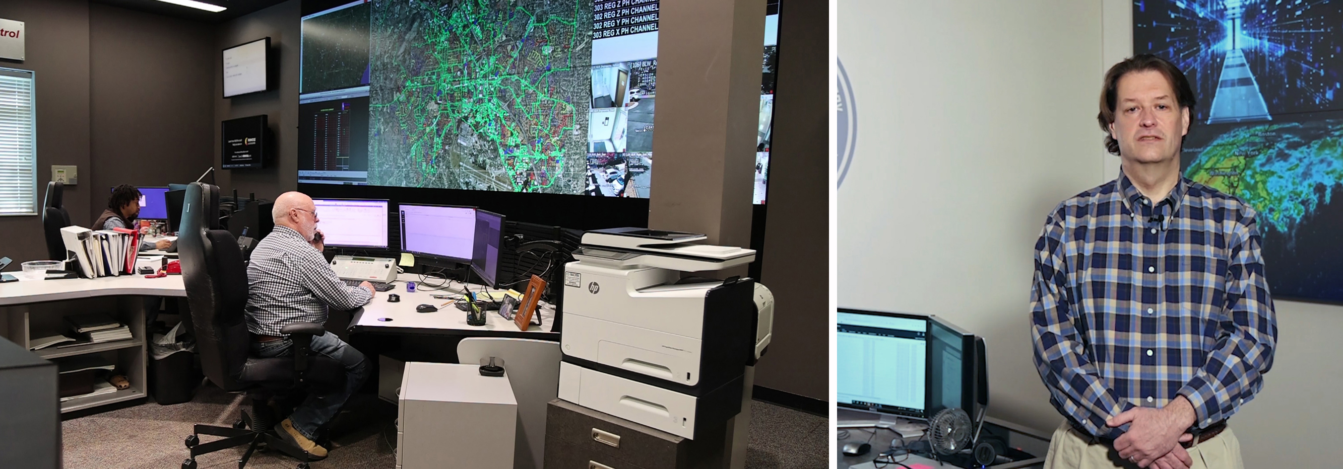 Two photos side by side. Left photo is of man sitting at control center. Right is of a single man standing in front of large screen.