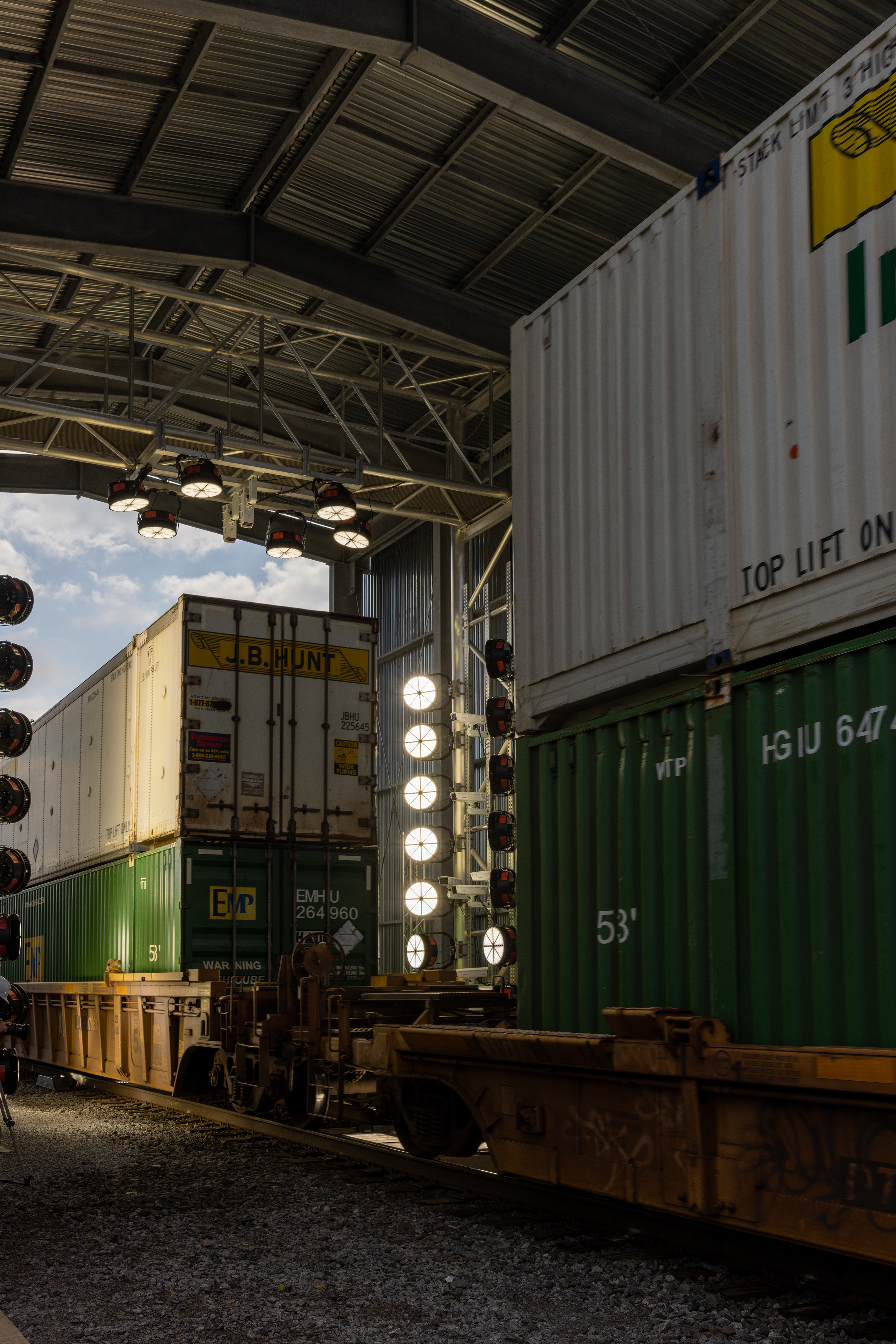 Train moving through portal structure.