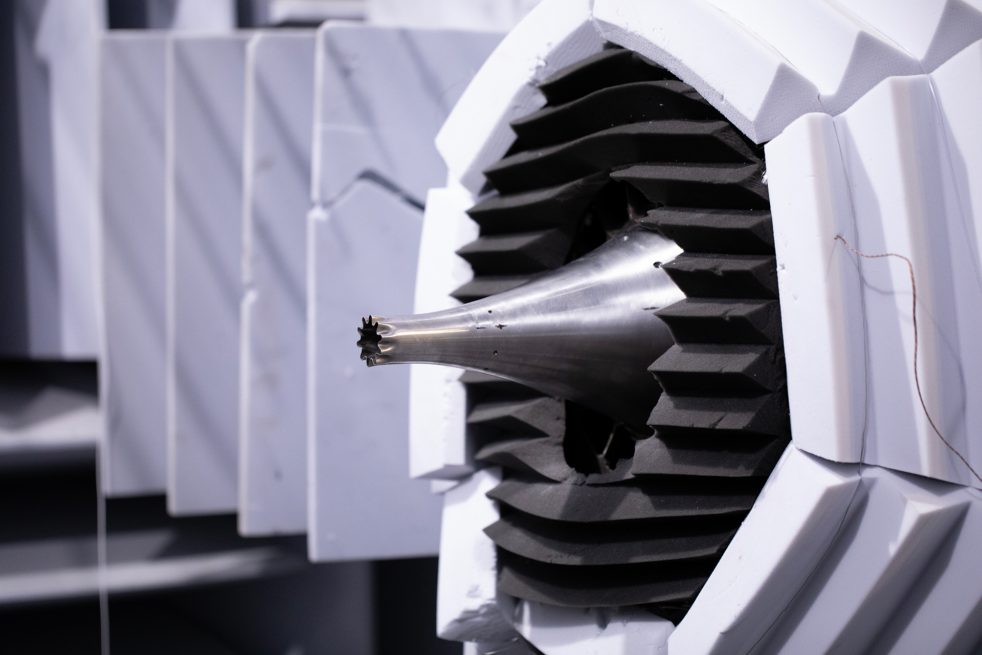 Close up view of testing nozzle in anechoic chamber.