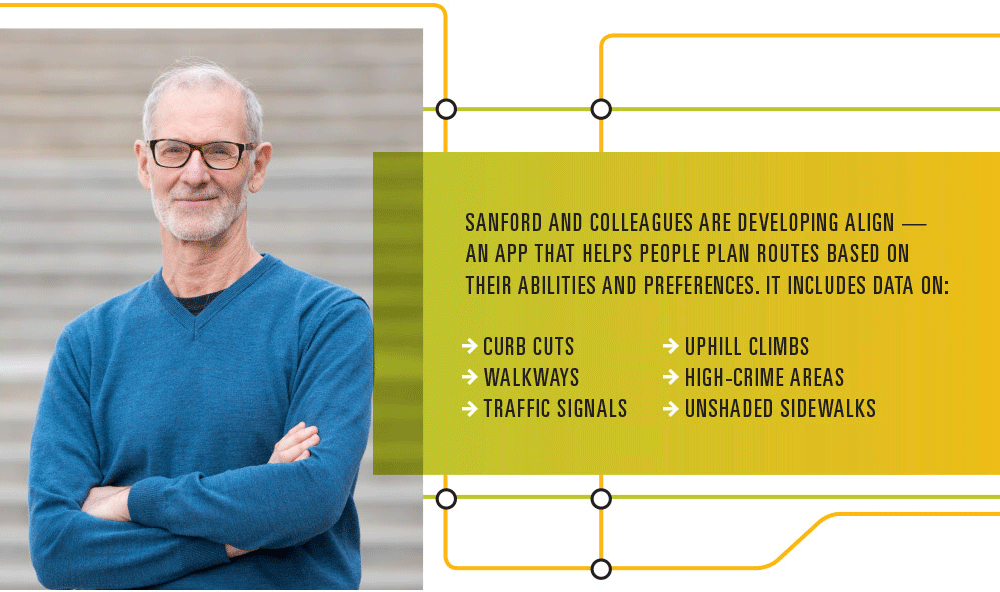 Sanford and colleagues are developing aligh — an app that helps people plan routes based on their abilities and preferences. It includes data on: curb cuts, walkways, traffic signals, uphill climbs, high-crime areas, unshaded sidewalks